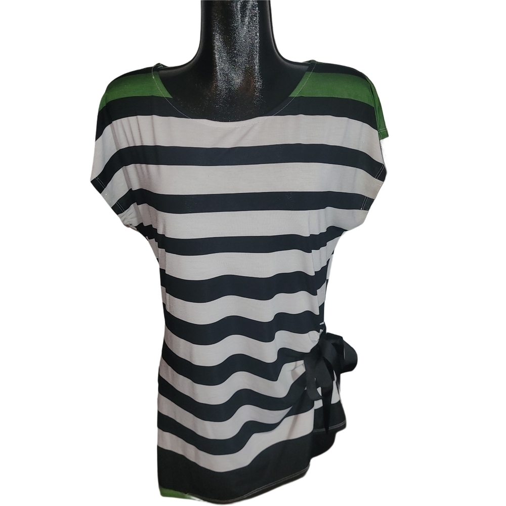 Suzy Shier Striped Black and White Top with Green Accents L